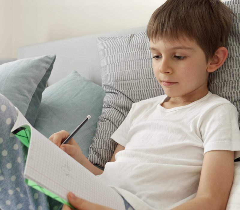 Young boy writing in his notebook while lying in bed. Essence of education, child development Young boy writing in his notebook while lying in bed. Essence of education, child development